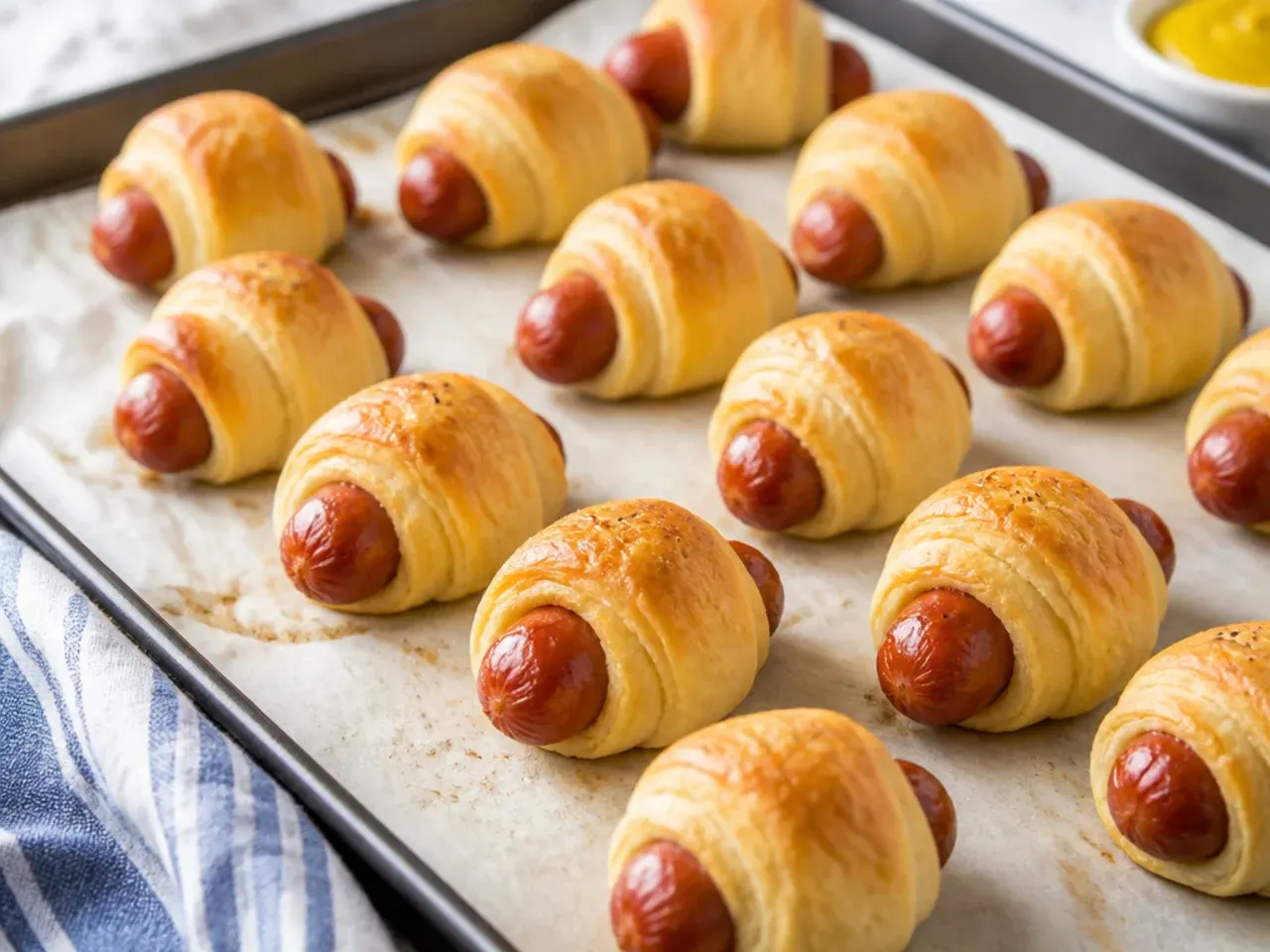 Classic crescent roll pigs in a blanket baked golden brown on a parchment-lined sheet