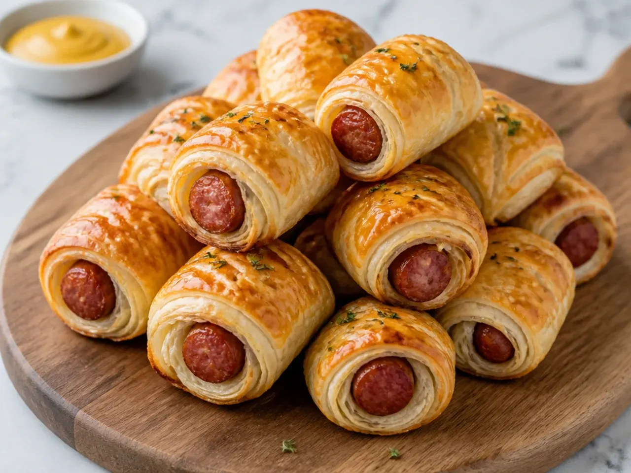Flaky puff pastry pigs in a blanket with visible spiral layers on a serving board