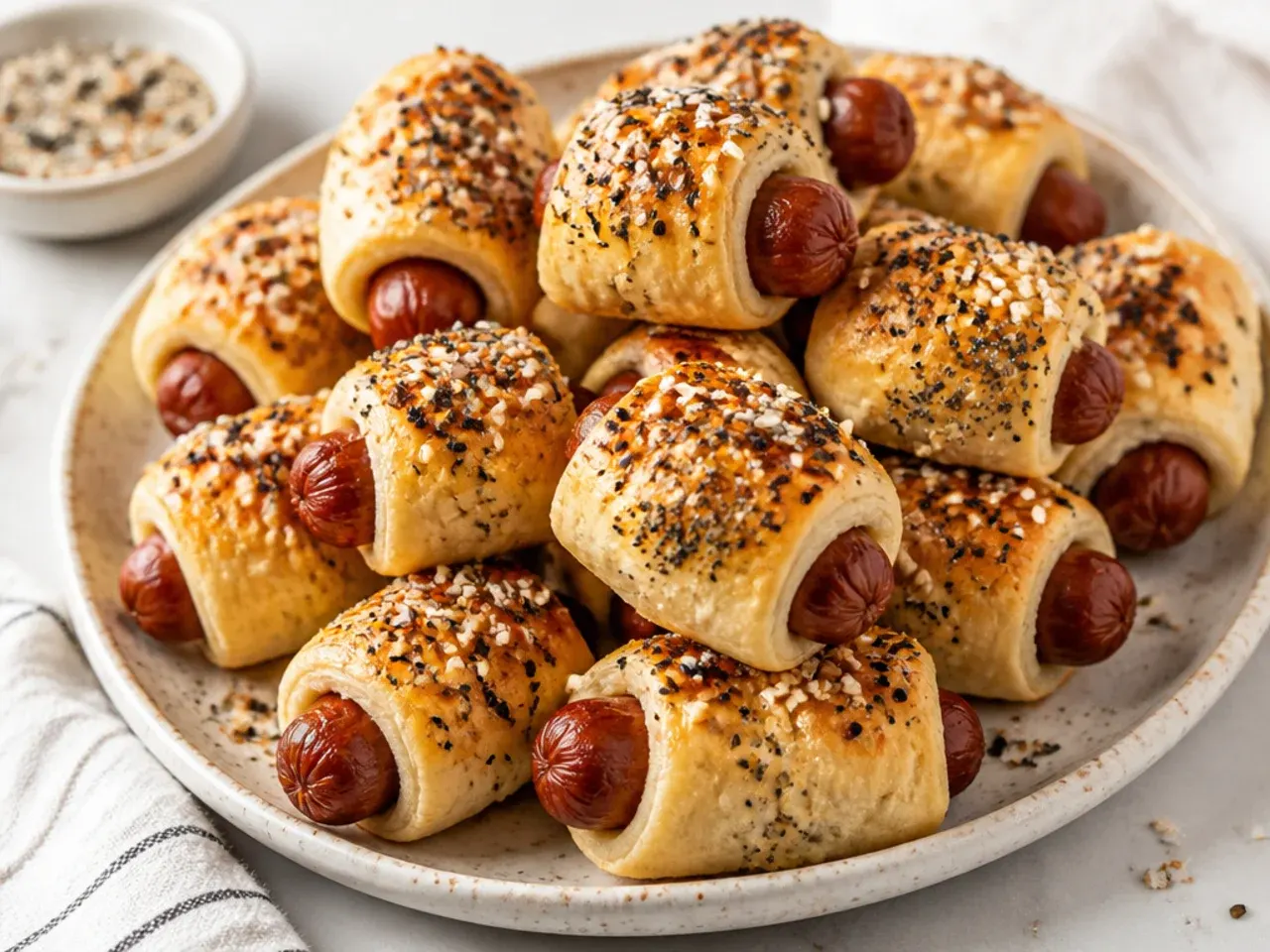 Everything bagel seasoned pigs in a blanket topped with sesame and poppy seeds