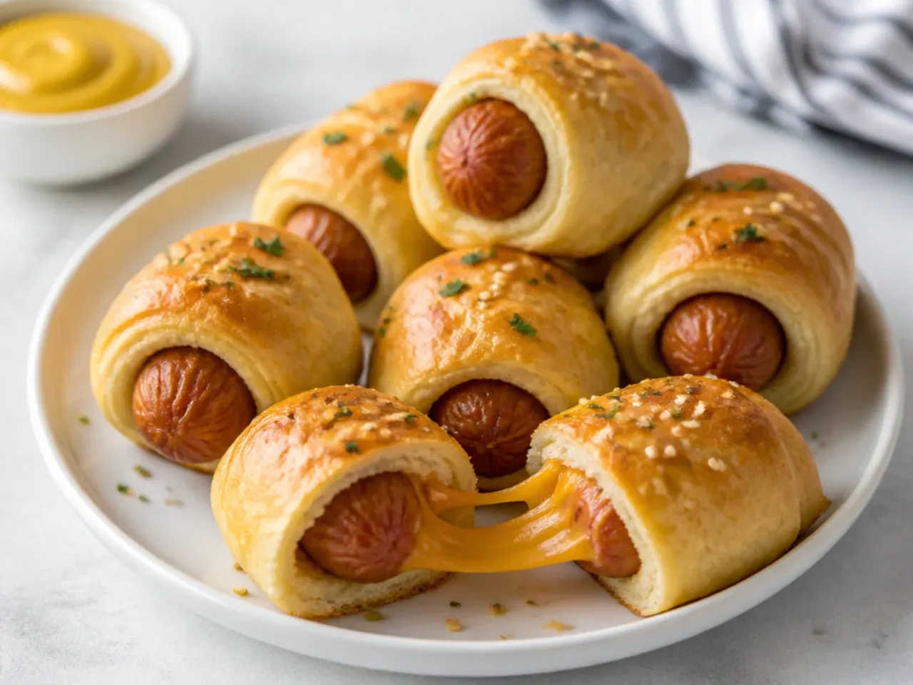 Cheese-stuffed easy pigs in a blanket with melted cheddar pulling from the center