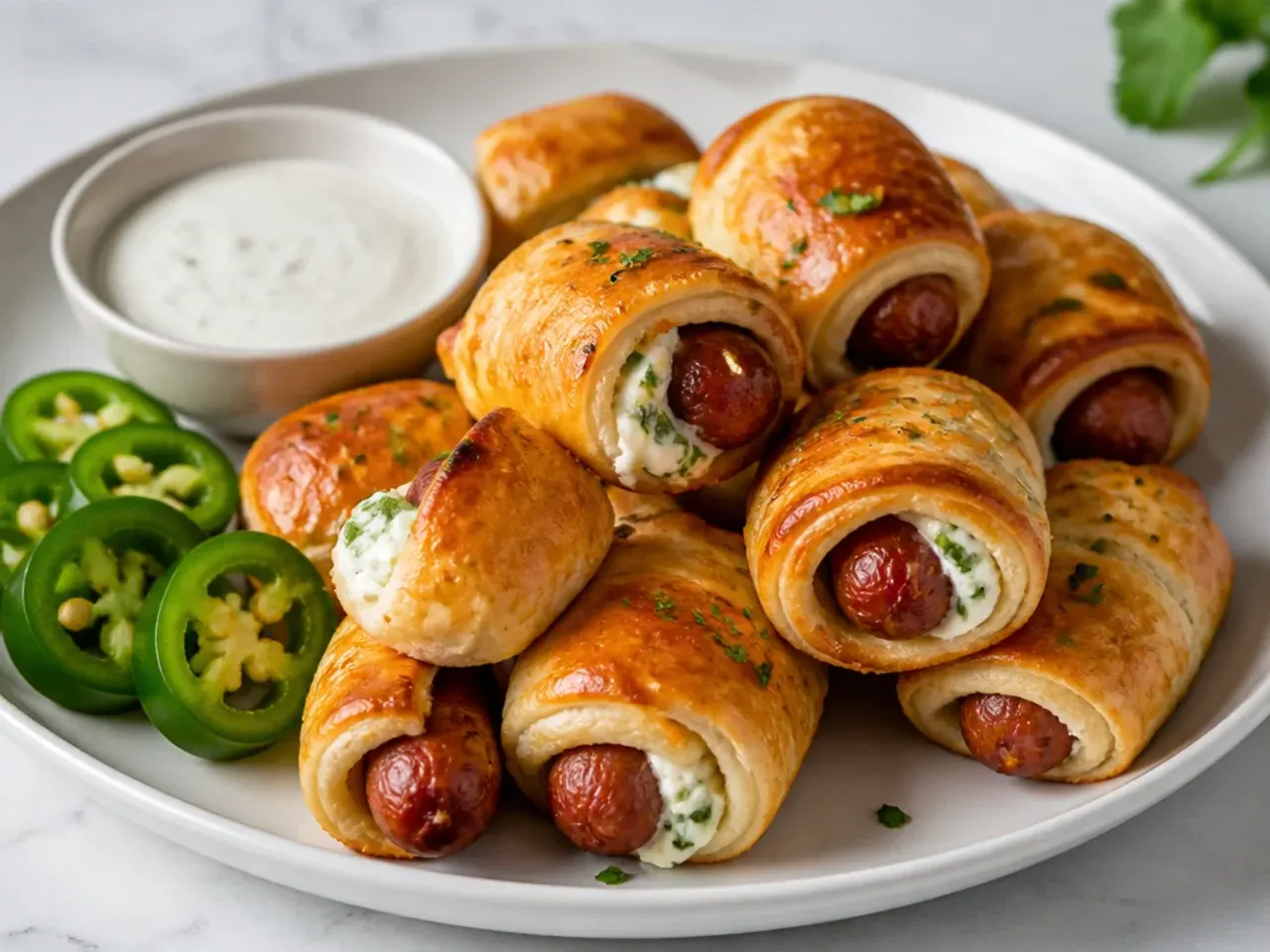Jalapeño popper pigs in a blanket with cream cheese and jalapeño slices beside ranch dip