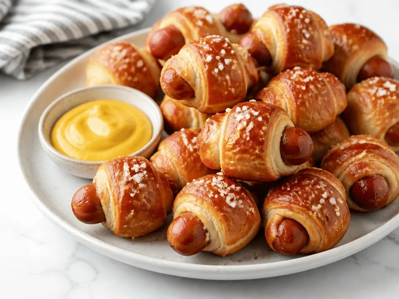Pretzel-style pigs in a blanket with coarse salt and a bowl of yellow mustard