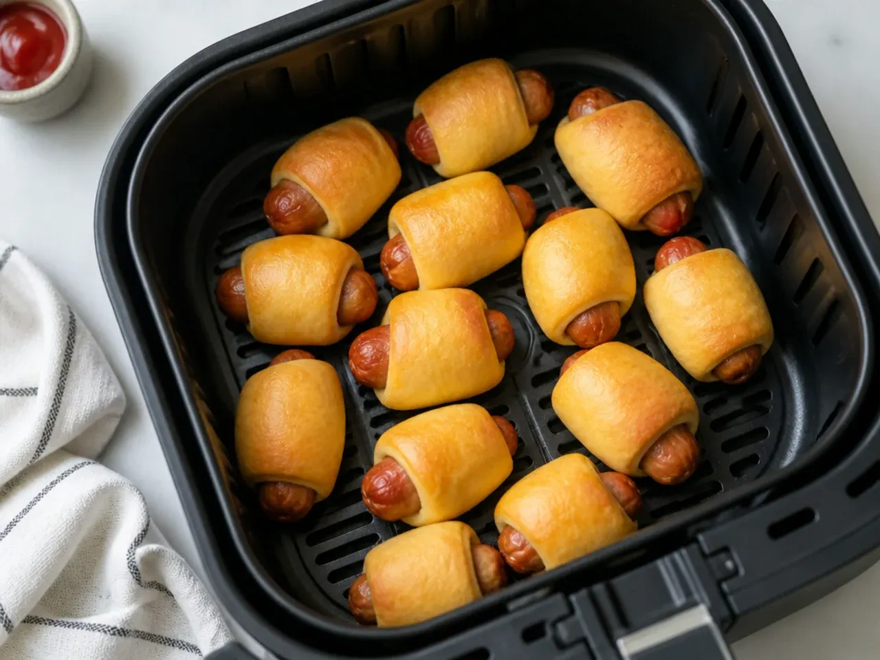 Air fryer pigs in a blanket arranged in a single layer in an air fryer basket