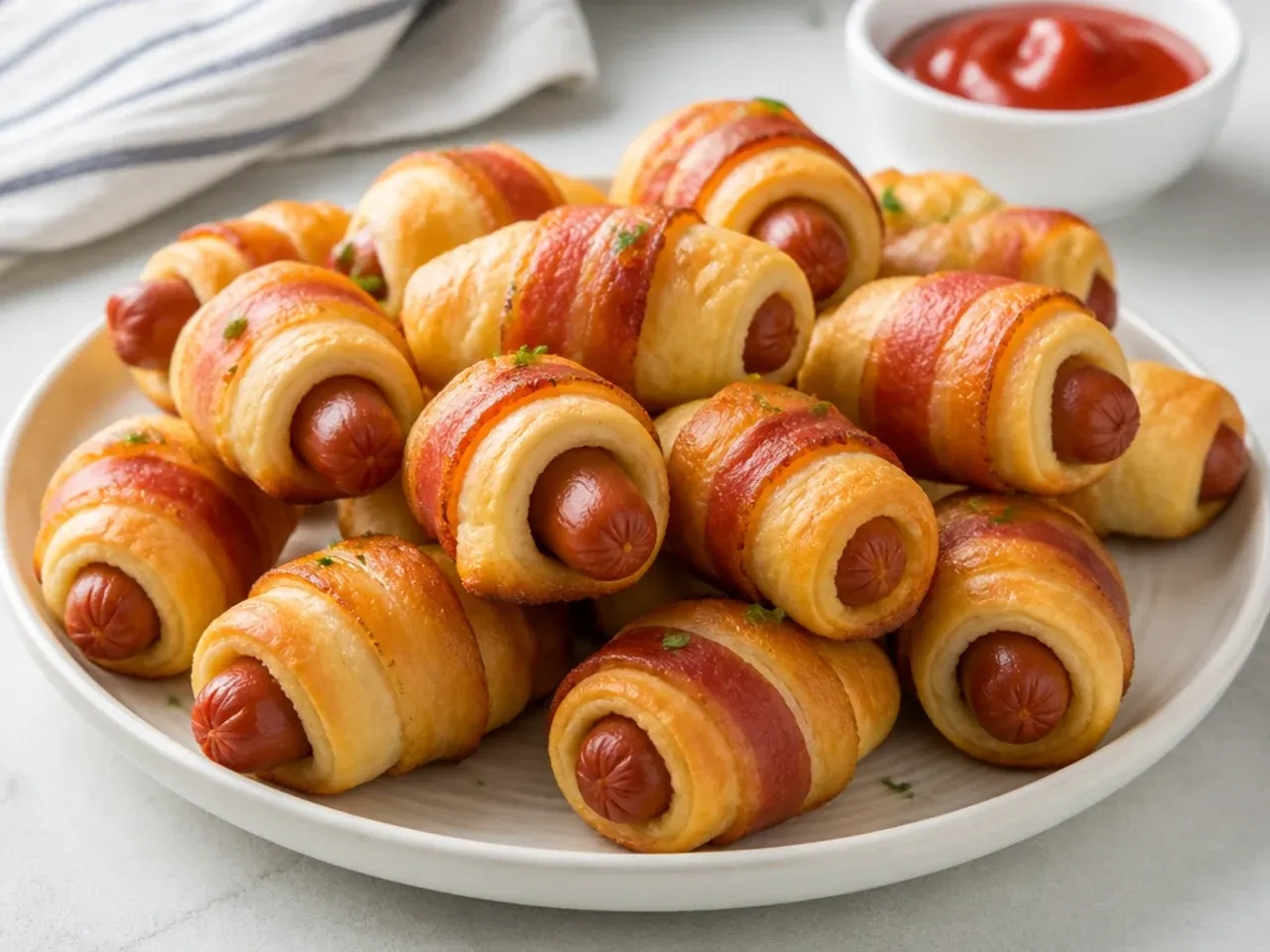 Bacon-wrapped pigs in a blanket with crispy bacon visible under golden dough