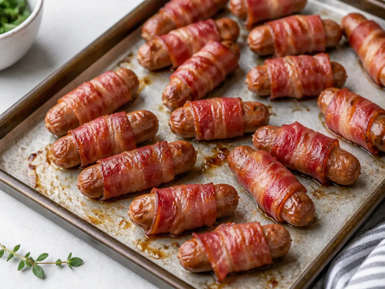 British pigs in blankets of chipolata sausages wrapped in streaky bacon on a roasting tray