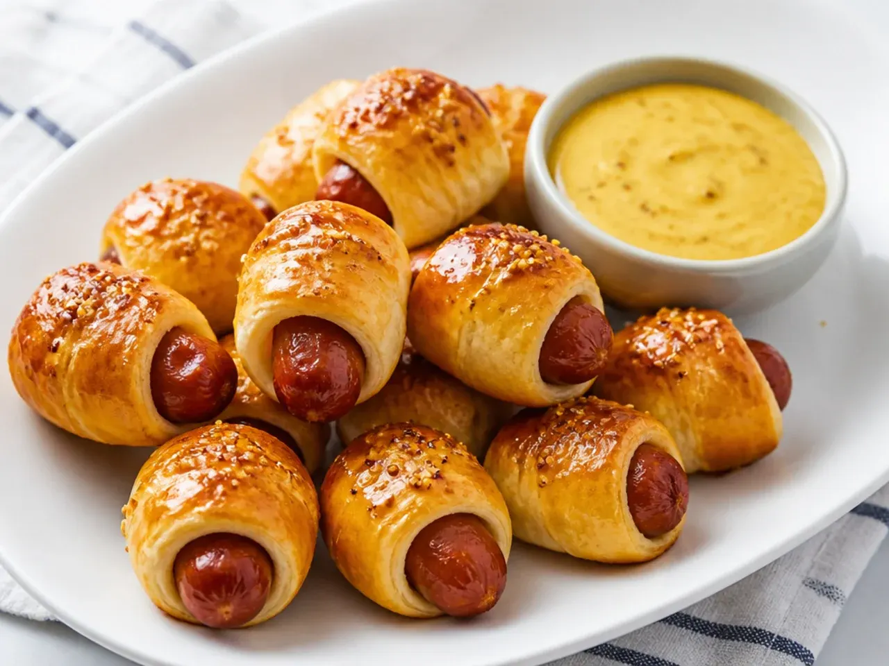 Honey mustard glazed pigs in a blanket with a shiny golden lacquer and dipping sauce