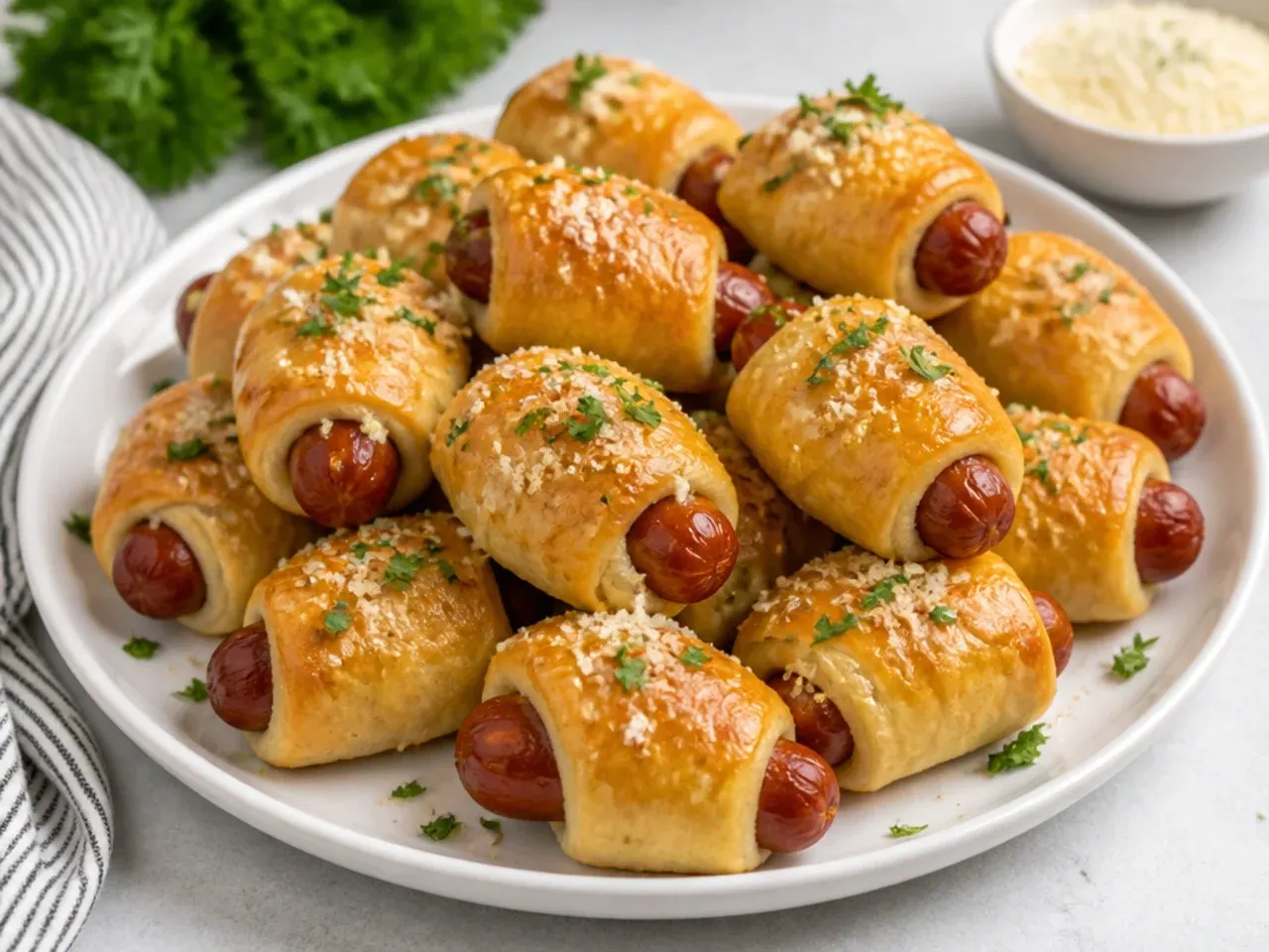 Garlic parmesan pigs in a blanket brushed with butter and sprinkled with parsley