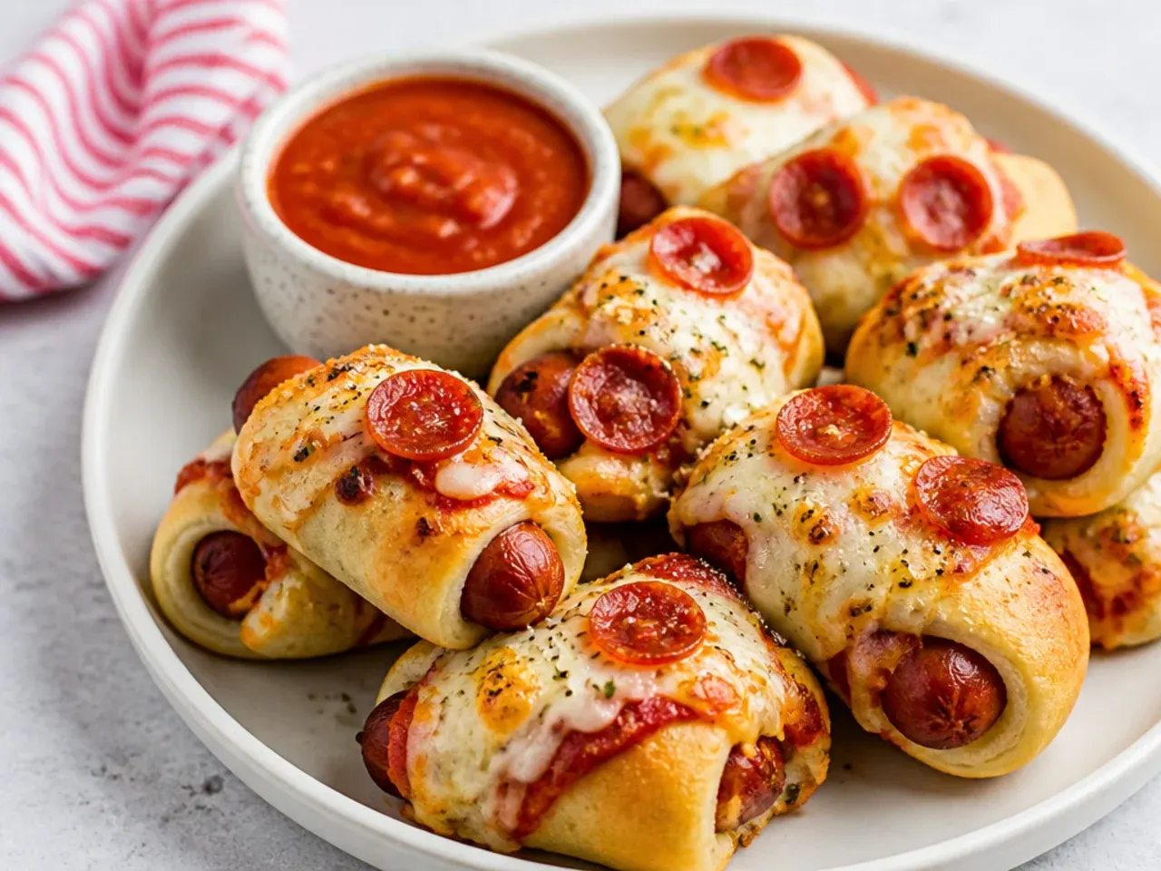 Pizza-style pigs in a blanket with pepperoni and mozzarella served with marinara sauce