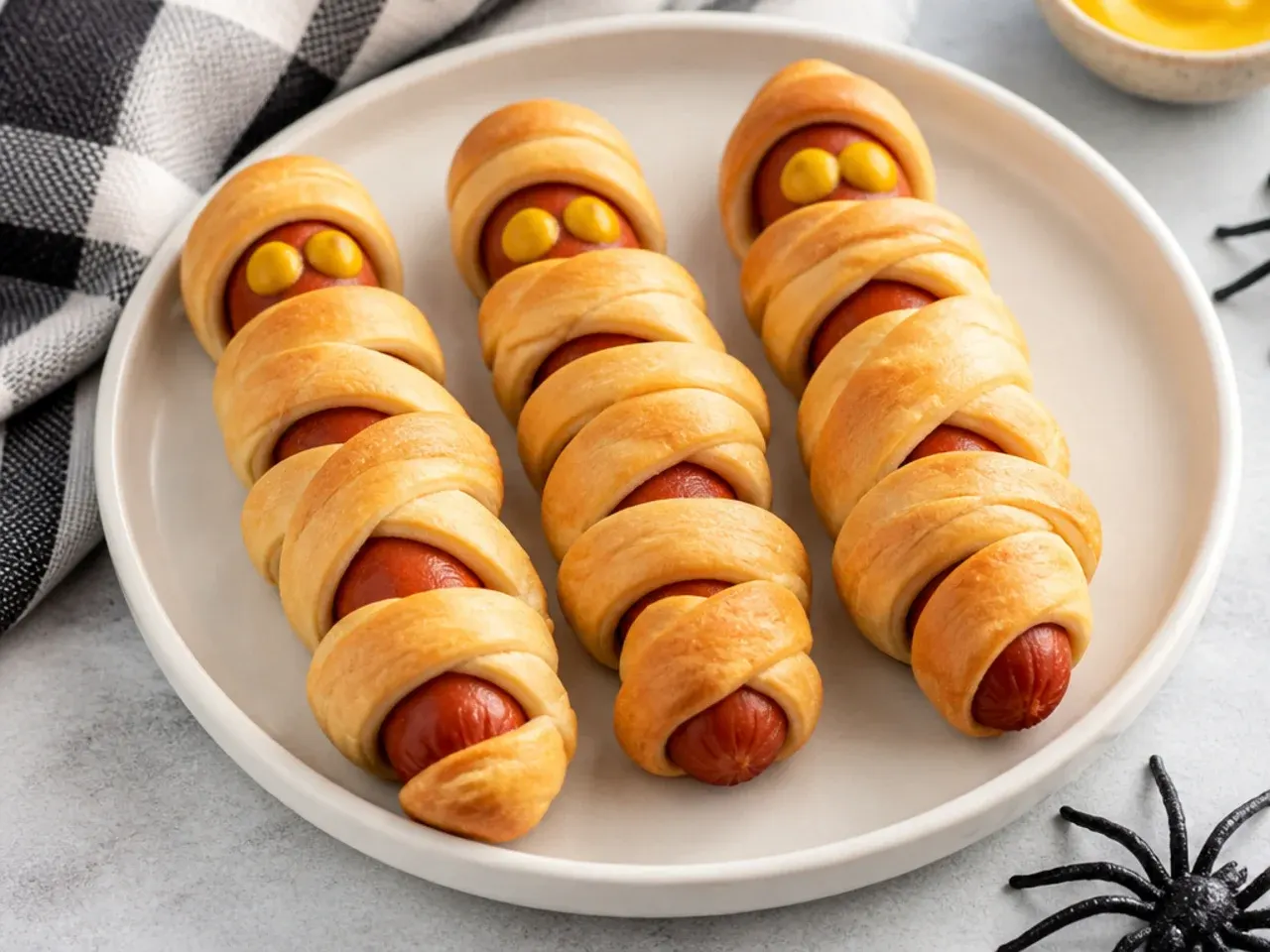 Halloween mummy dogs made from hot dogs wrapped in crescent dough strips with mustard eyes