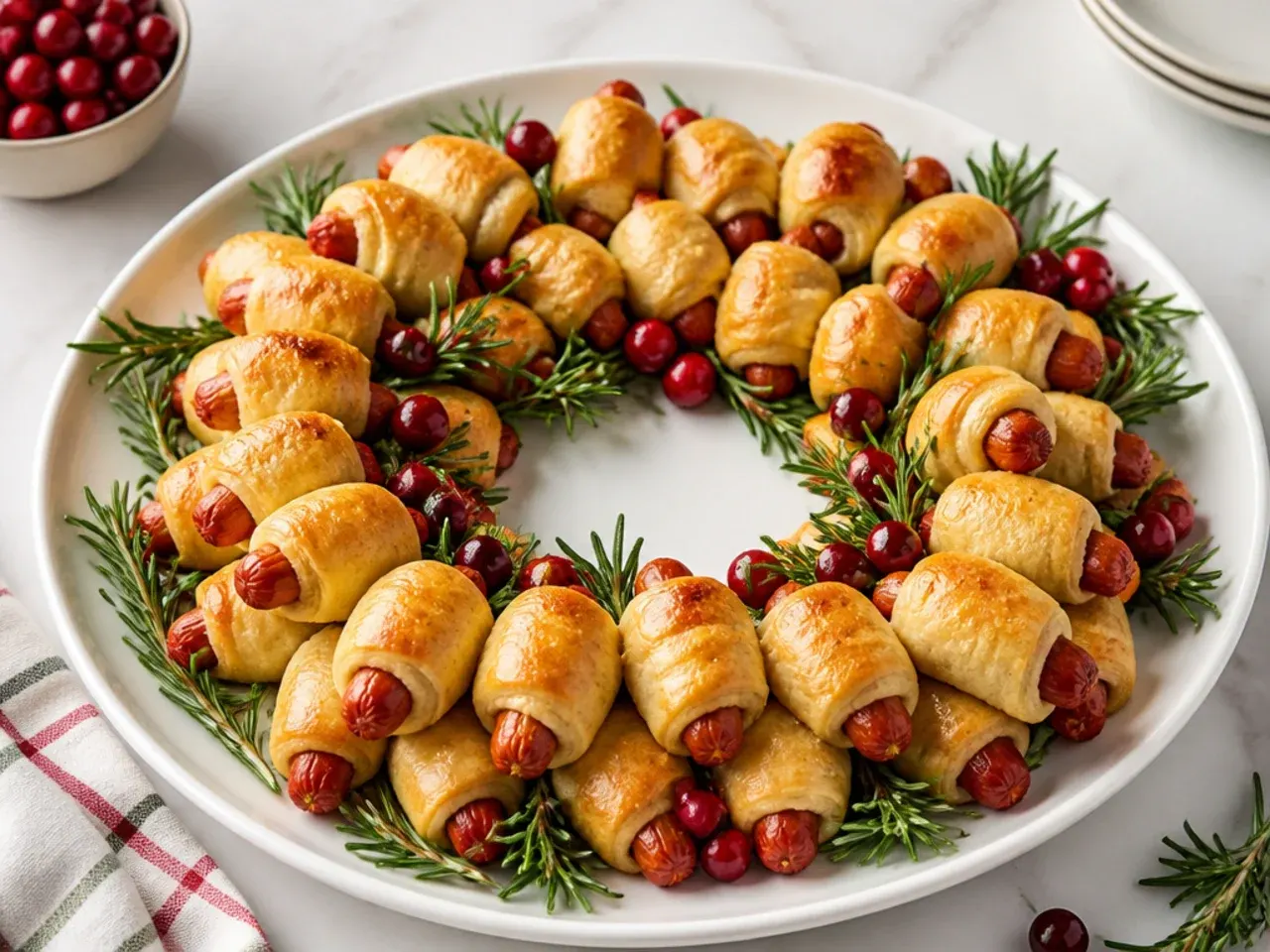 Christmas wreath of pigs in a blanket arranged in a ring with rosemary and cranberries