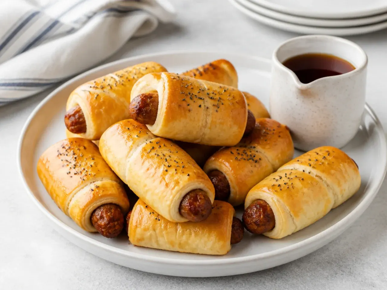 Breakfast pigs in a blanket with sausage links and a small jug of maple syrup