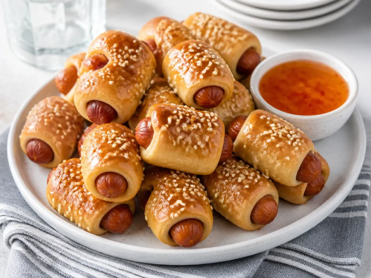 Teriyaki sesame pigs in a blanket sprinkled with toasted sesame seeds and sweet chili dip