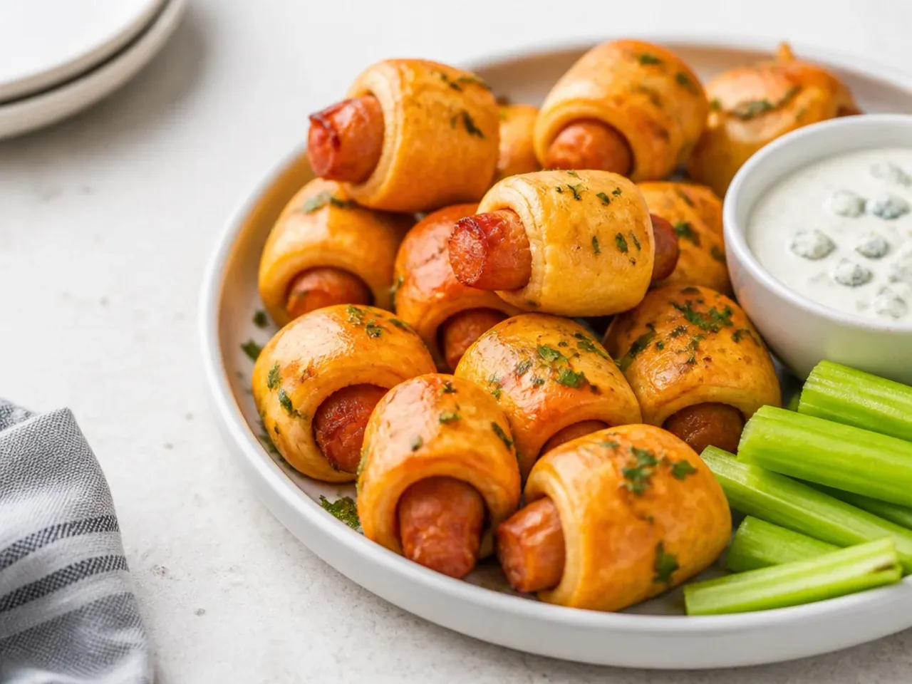 Buffalo ranch pigs in a blanket with celery sticks and a bowl of blue cheese dressing
