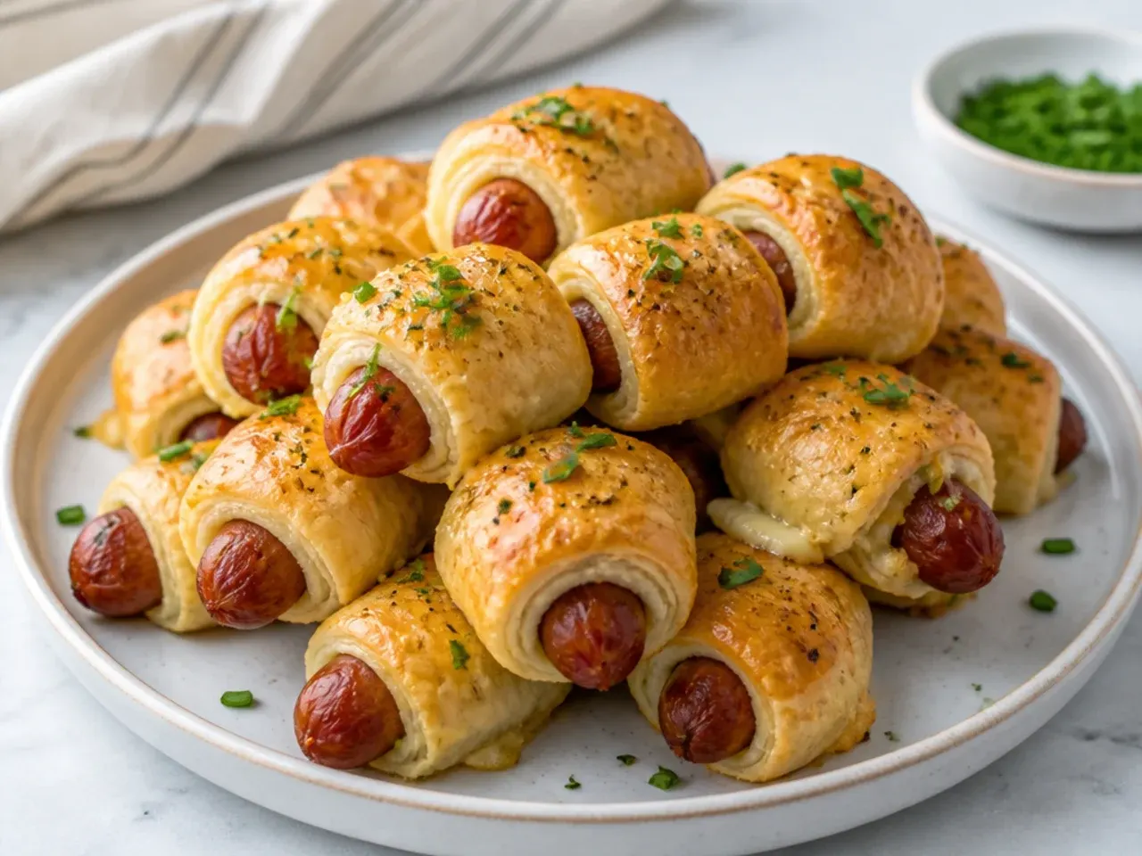 Cream cheese and chive pigs in a blanket garnished with fresh snipped chives