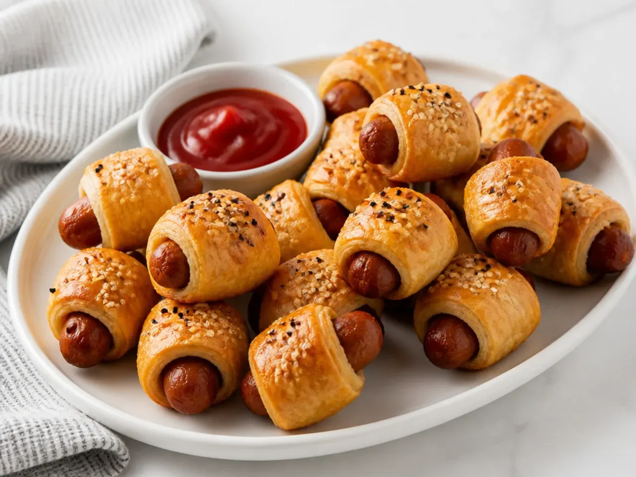 Vegetarian pigs in a blanket made with plant-based sausages on a serving platter