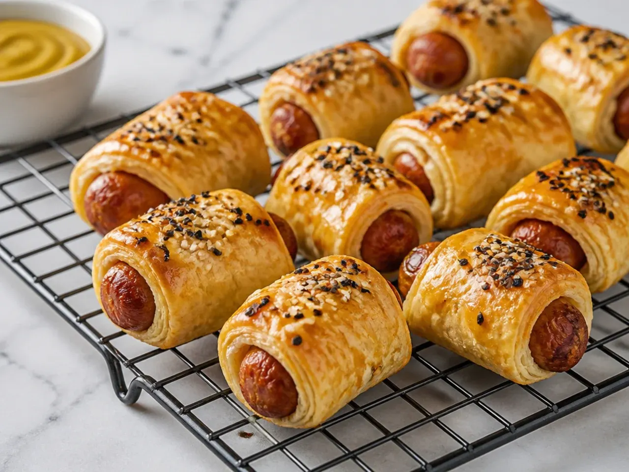 Gluten-free pigs in a blanket made with gluten-free puff pastry on a cooling rack