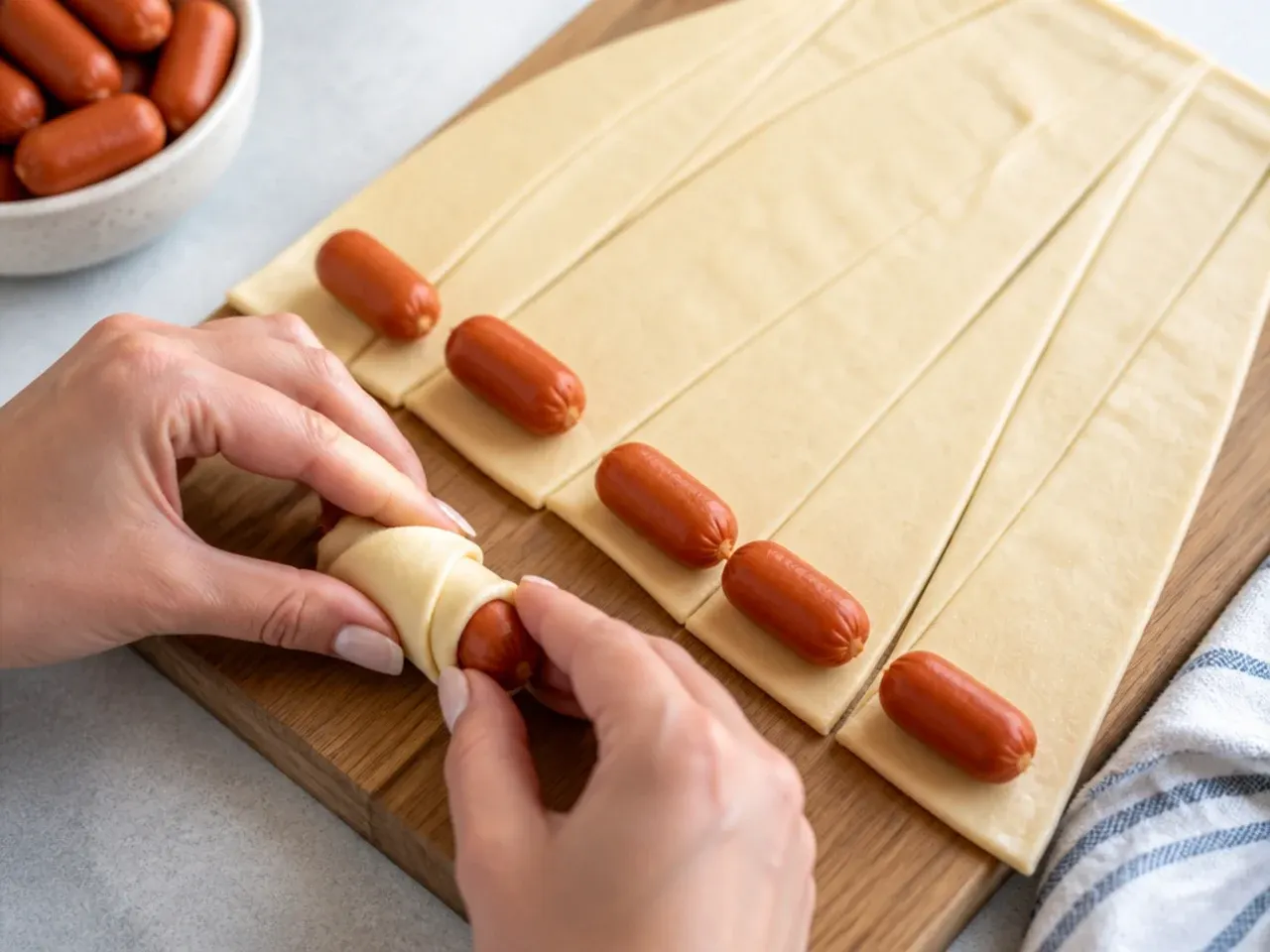Hands rolling mini sausages in crescent dough strips for easy pigs in a blanket