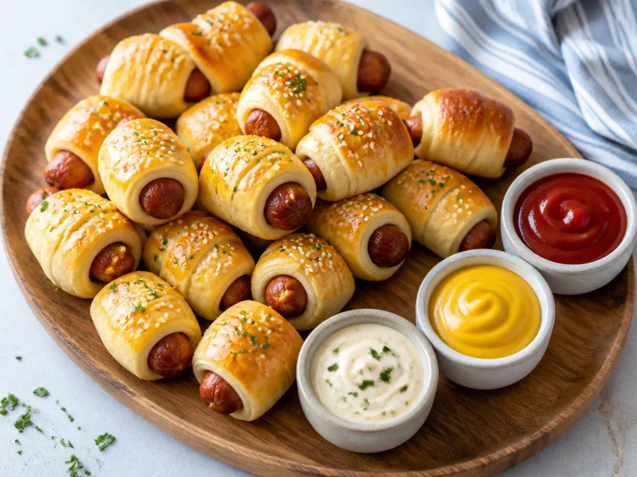 Party board of pigs in a blanket appetizers with three dipping sauces