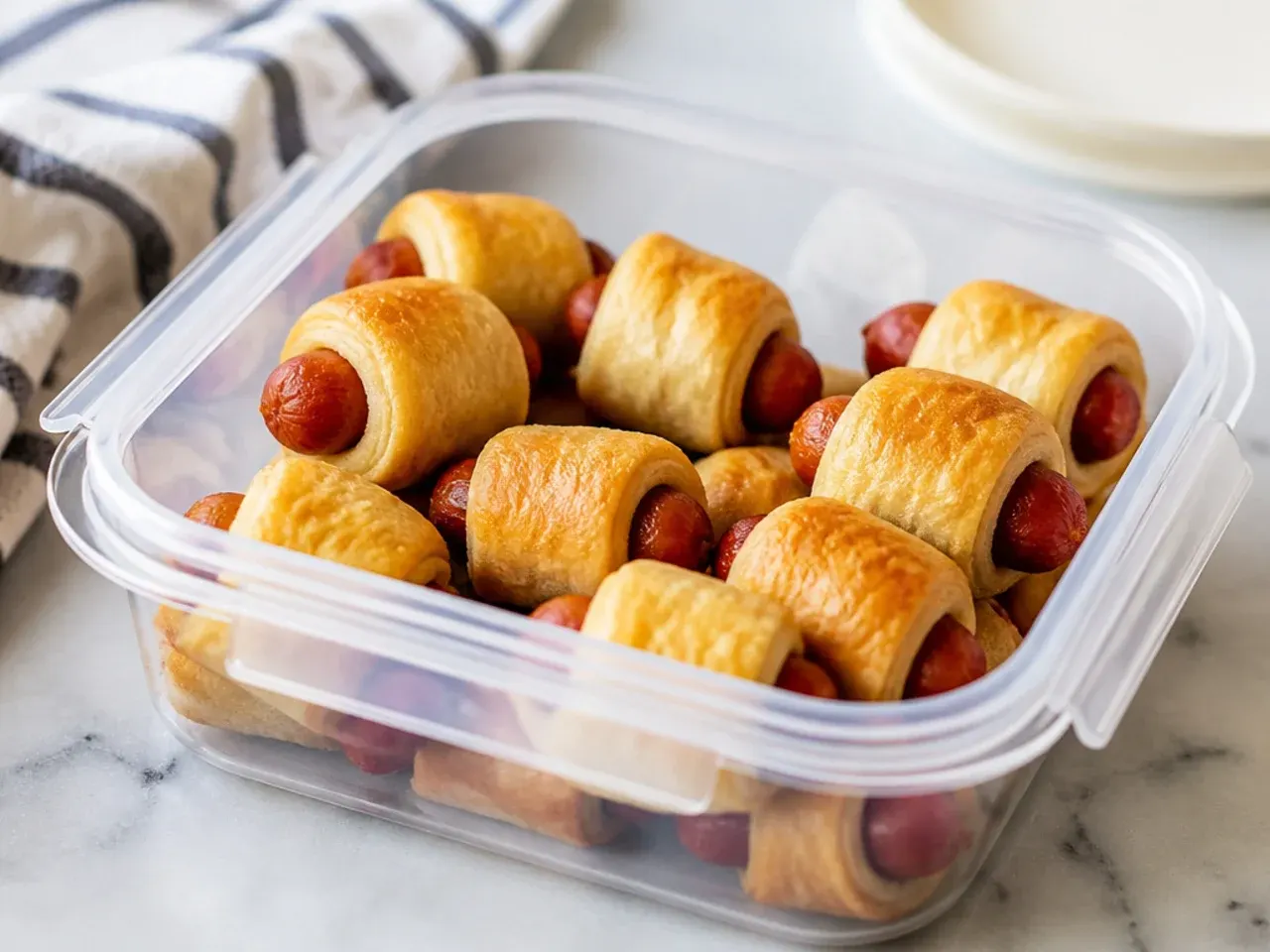 Leftover pigs in a blanket stored in an airtight container ready for reheating
