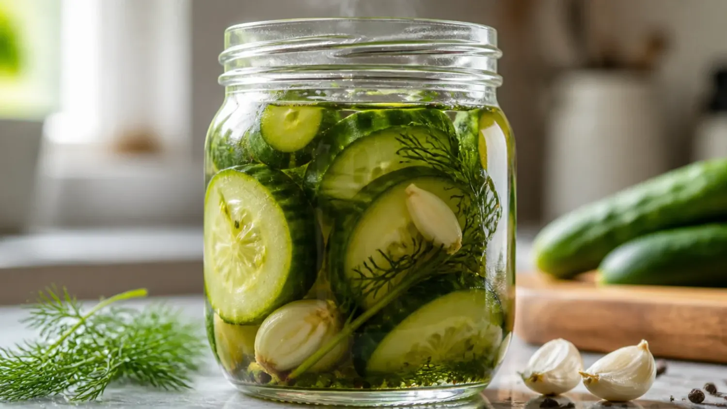 Overhead view of a glass jar packed with sliced dill pickle spears in brine, topped with fresh dill fronds and smashed garlic cloves, next to whole pickling cucumbers.