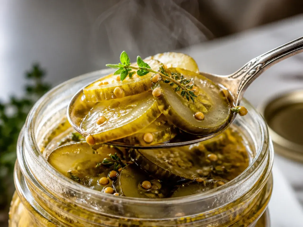 Small saucepan of pickling brine gently steaming on the stove with a thermometer resting against the rim.