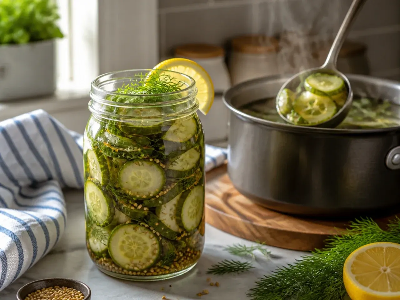 Measuring cups of vinegar and water being poured into a saucepan side by side for a refrigerator pickle brine.