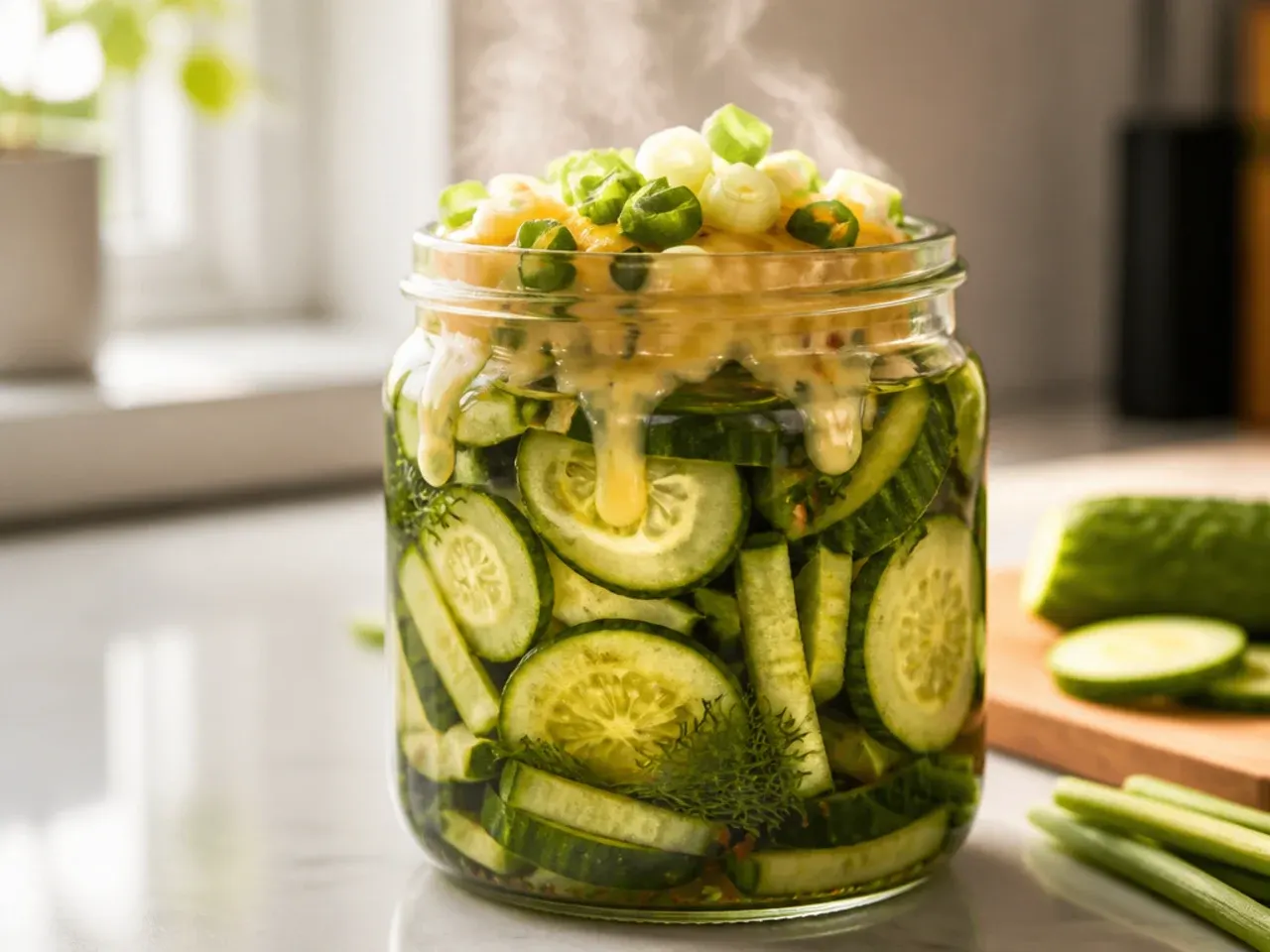 Cutting board with a row of evenly sliced cucumber spears, all the same thickness, ready to pack into jars.