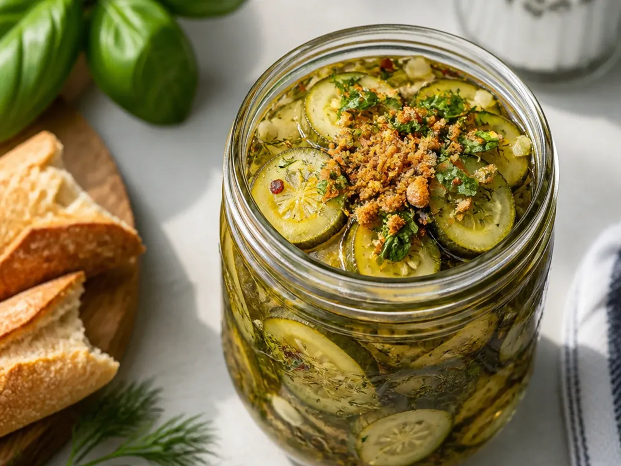 Glass jar tightly packed with upright cucumber spears wedged against the sides, ready for brine.