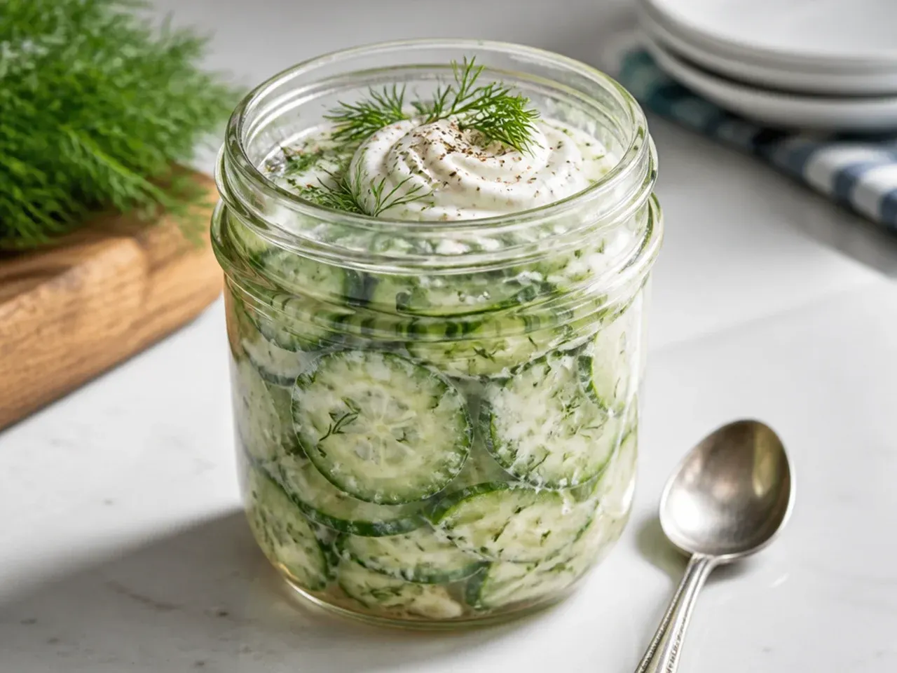 Bunch of fresh dill fronds and stems laid out next to a jar of cucumber spears before packing.