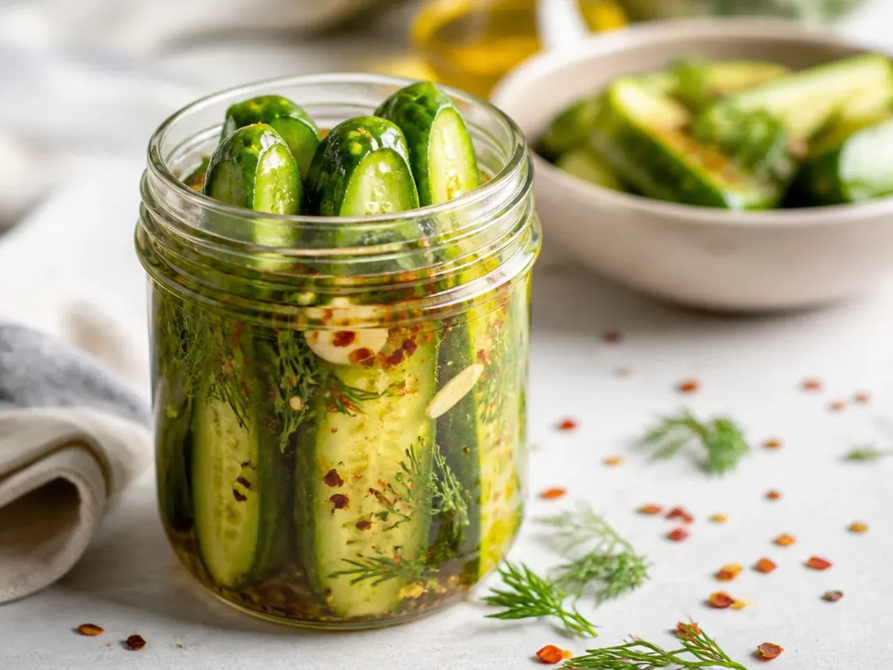Cucumber spears fully submerged under clear brine in a glass jar, with a folded cabbage leaf pressed on top as a weight.