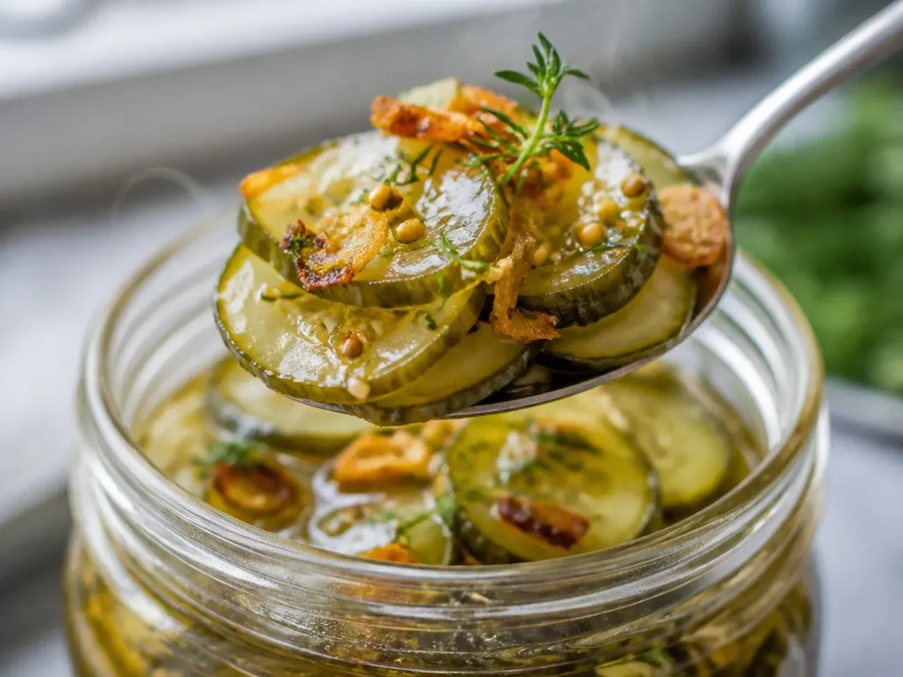 Sealed jar of dill pickles in the fridge door with a masking tape label showing the pickling date.