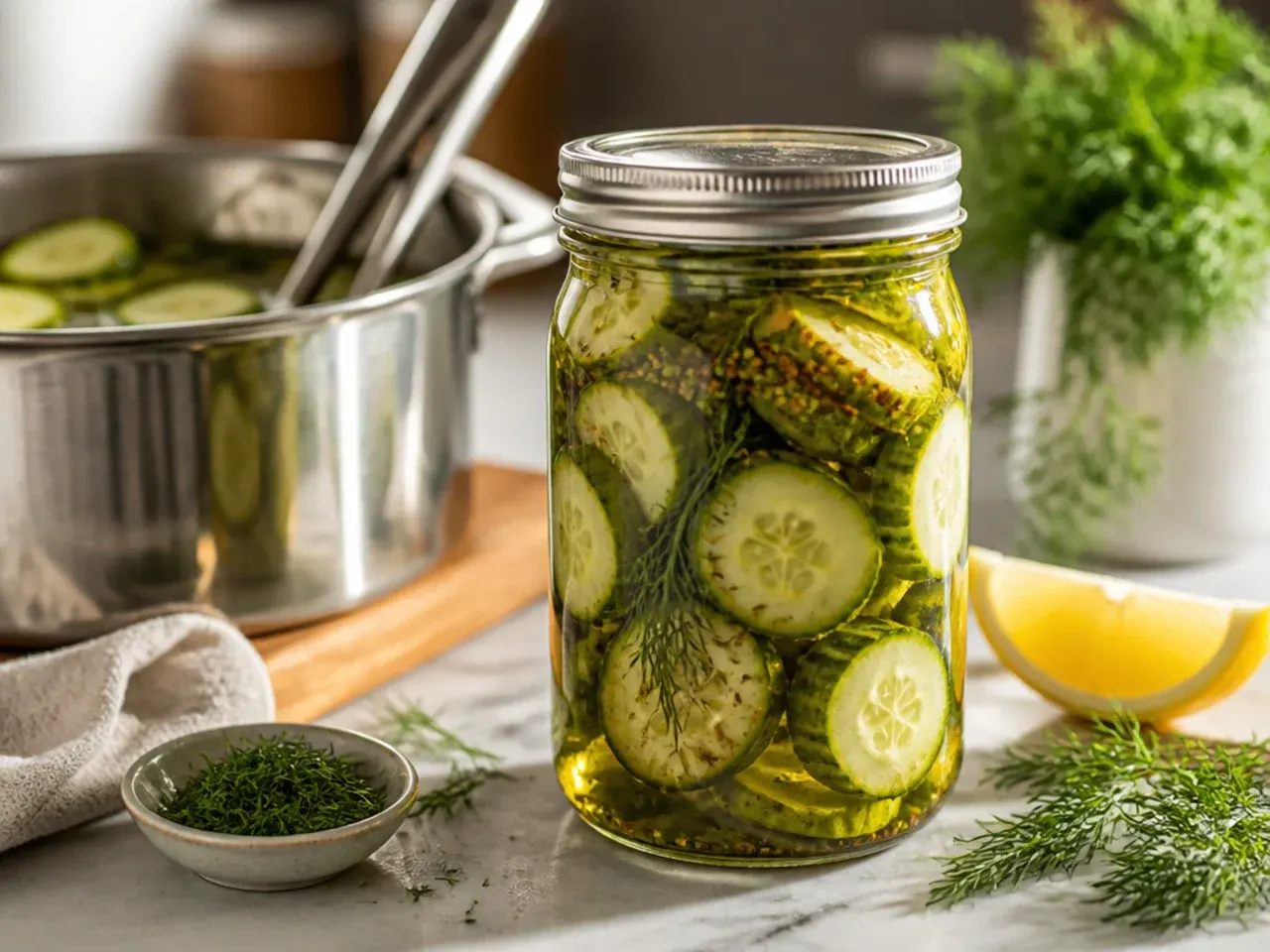 Glass jar of dill pickles sealed with a plastic storage lid, with a metal canning lid set aside unused.