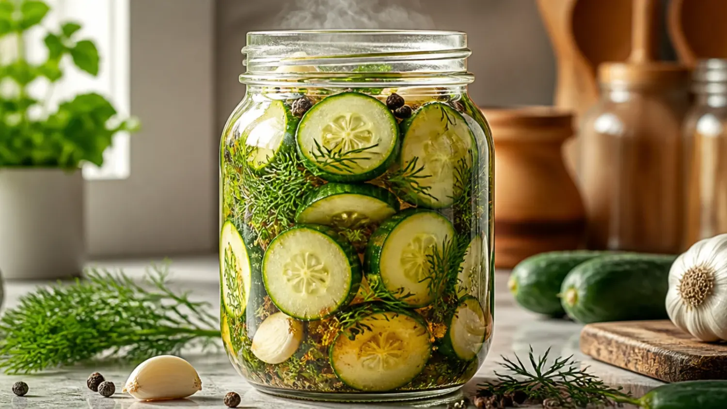 Glass jars of easy refrigerator pickles packed with garlic and fresh dill, cooling on a kitchen counter