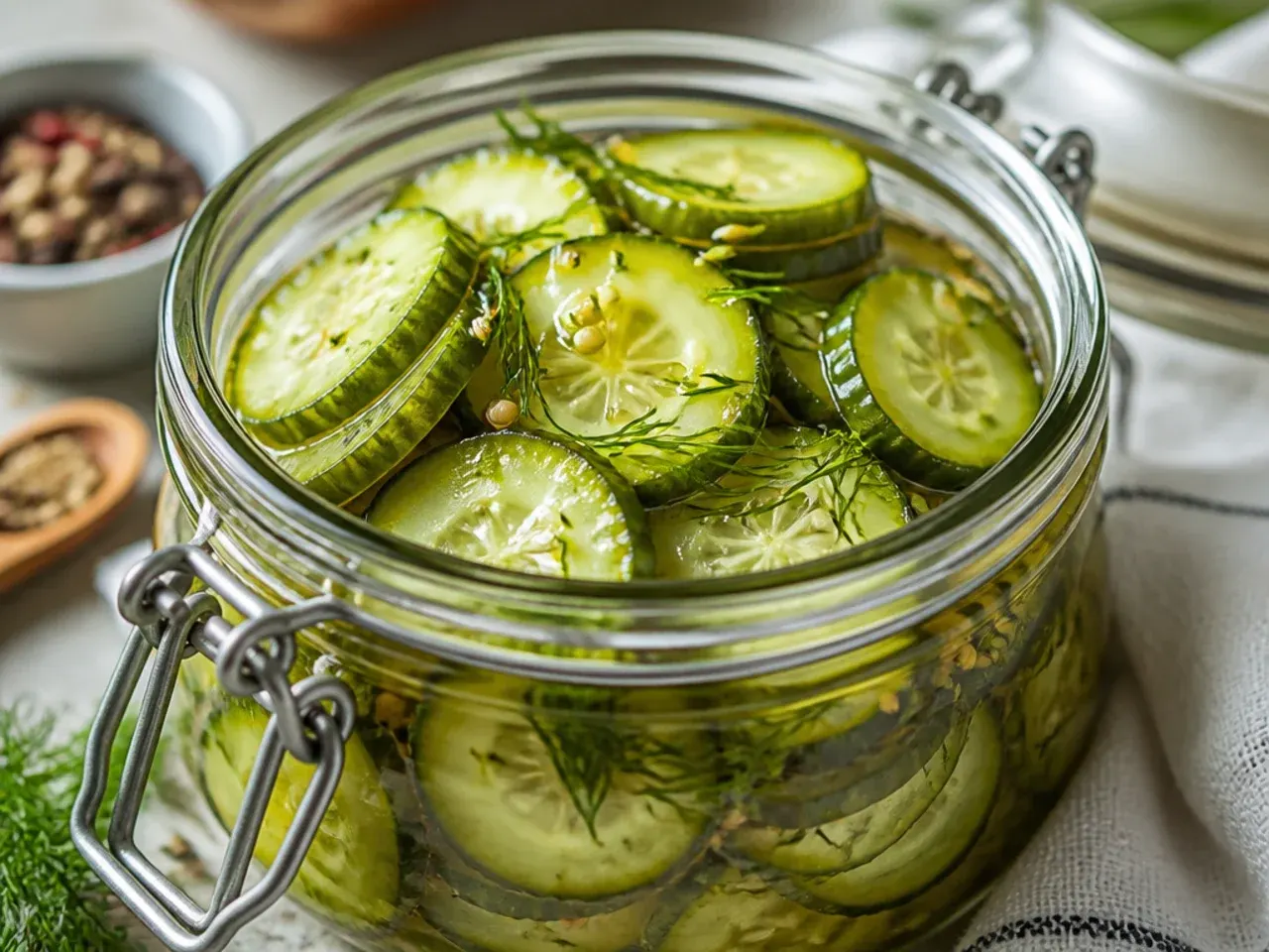Overhead shot of sliced cucumbers, garlic, and dill ready to be pickled