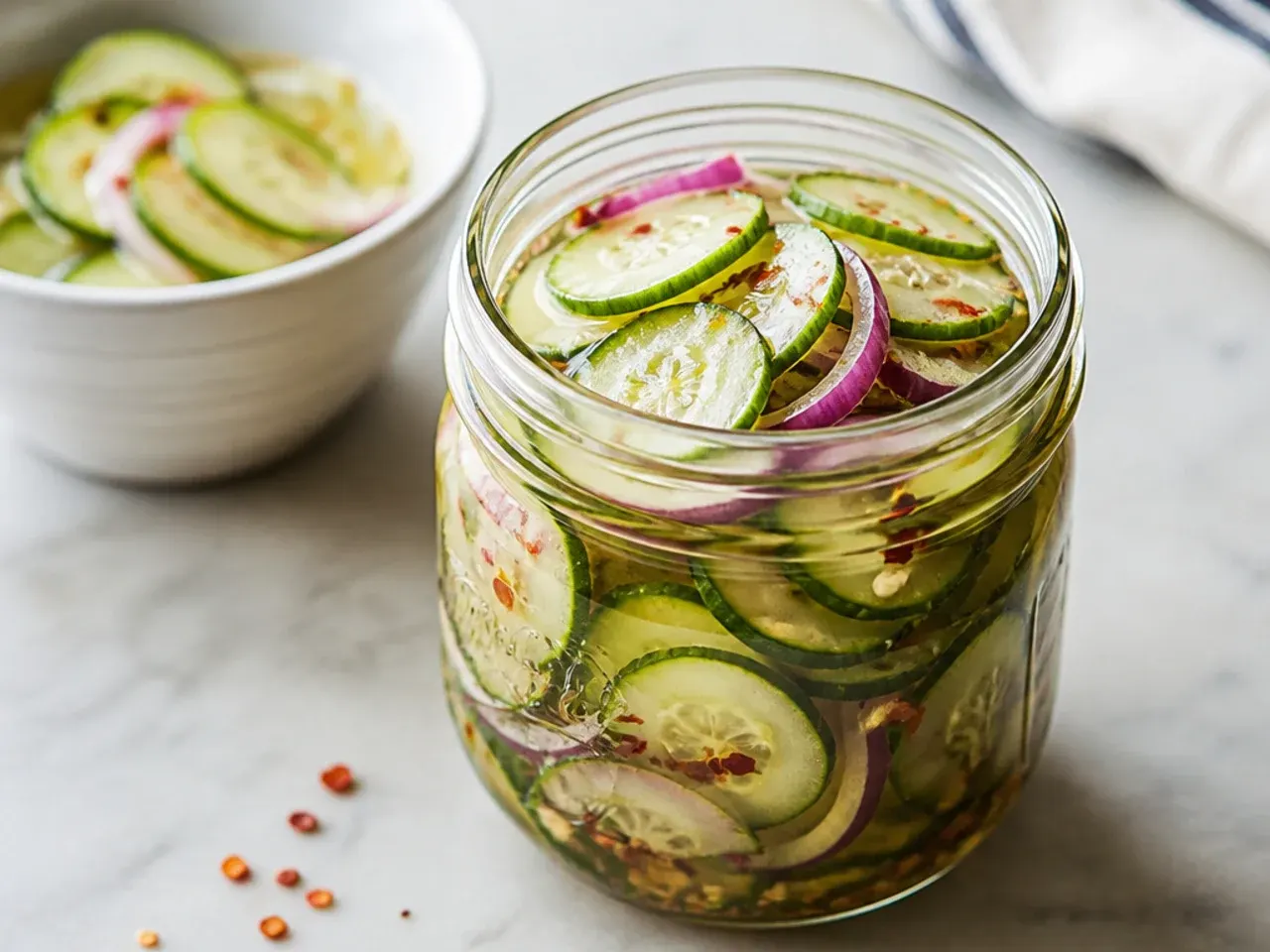 Whisking a cold no-cook pickle brine in a glass measuring jug