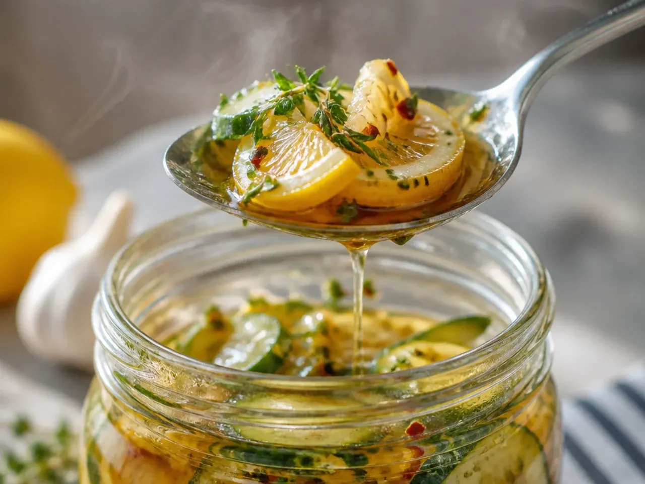 Fresh herb and lemon peel refrigerator pickles in a jar