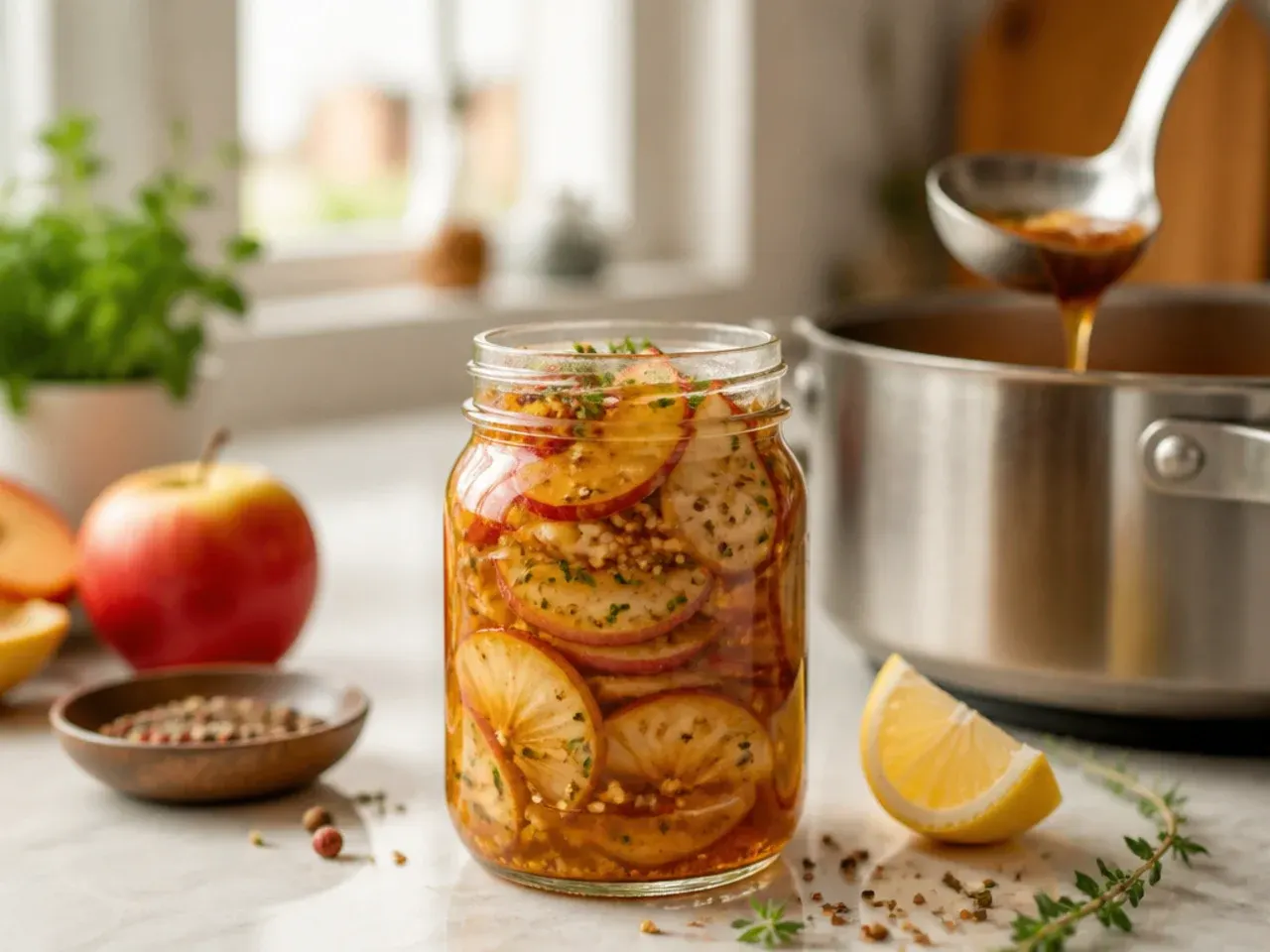 Spiced cider refrigerator pickles with a cinnamon stick and cloves