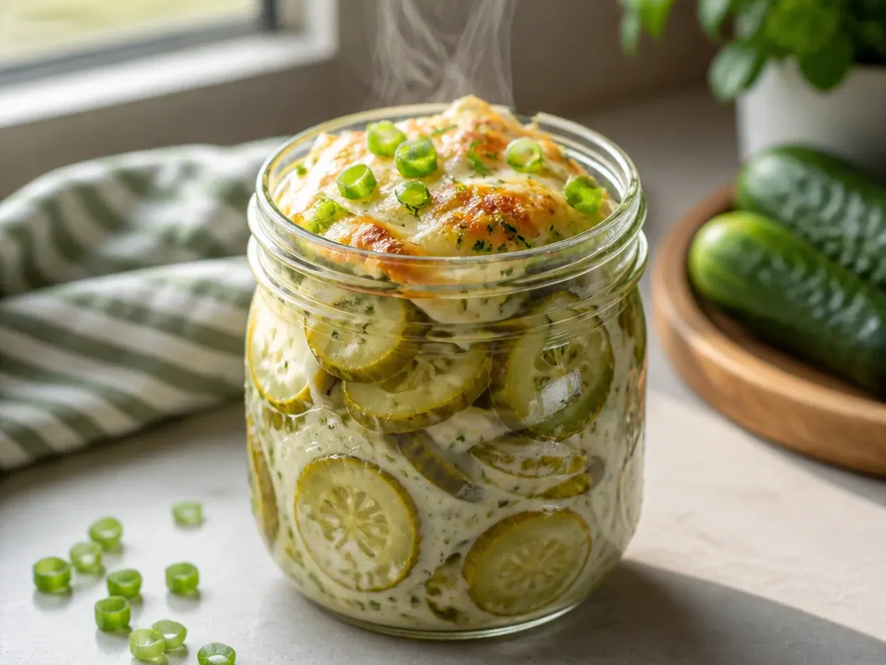 Creamy ranch-seasoned refrigerator pickle spears in a jar