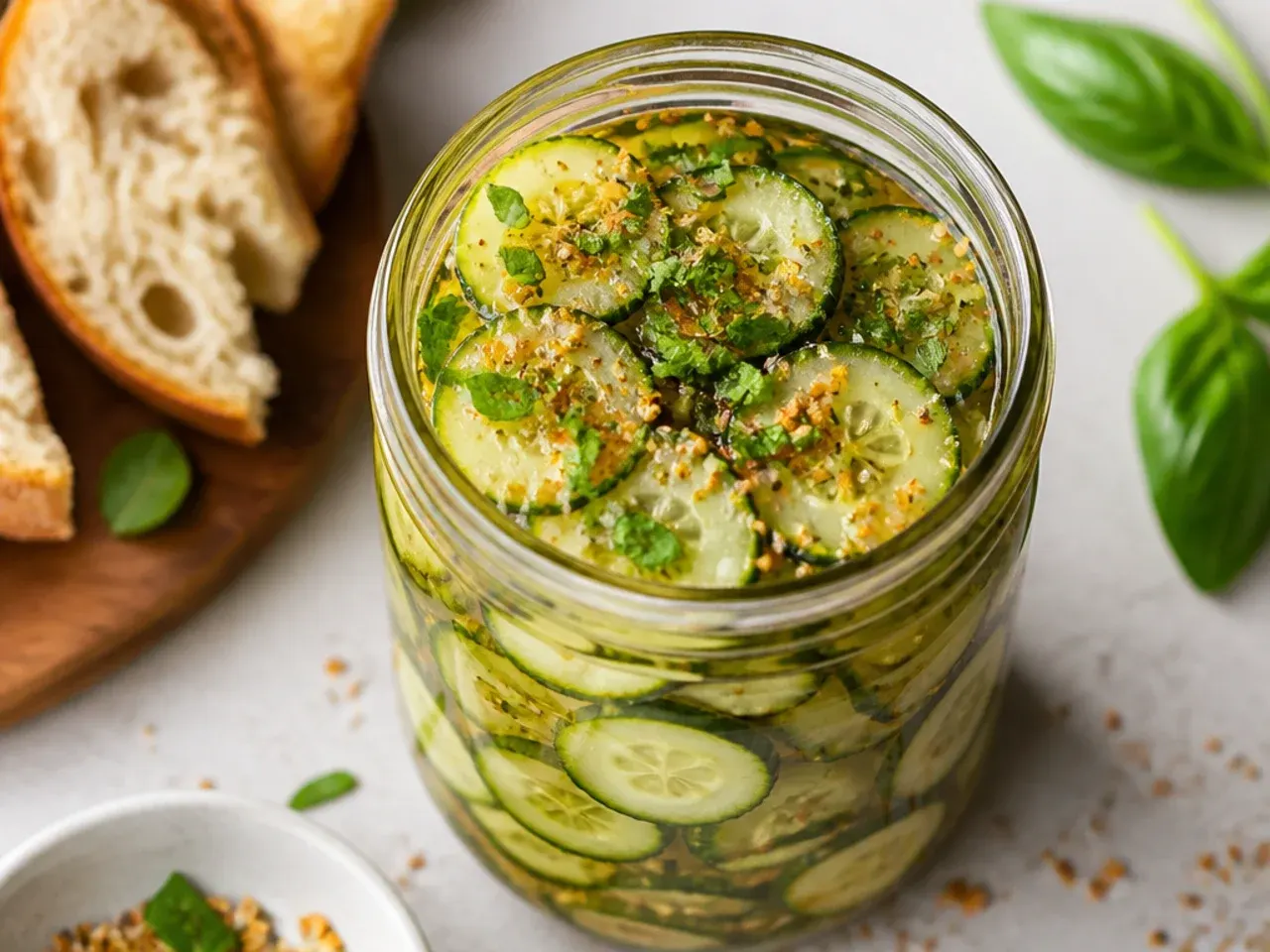 Simple three-ingredient pickle brine poured over cucumber rounds