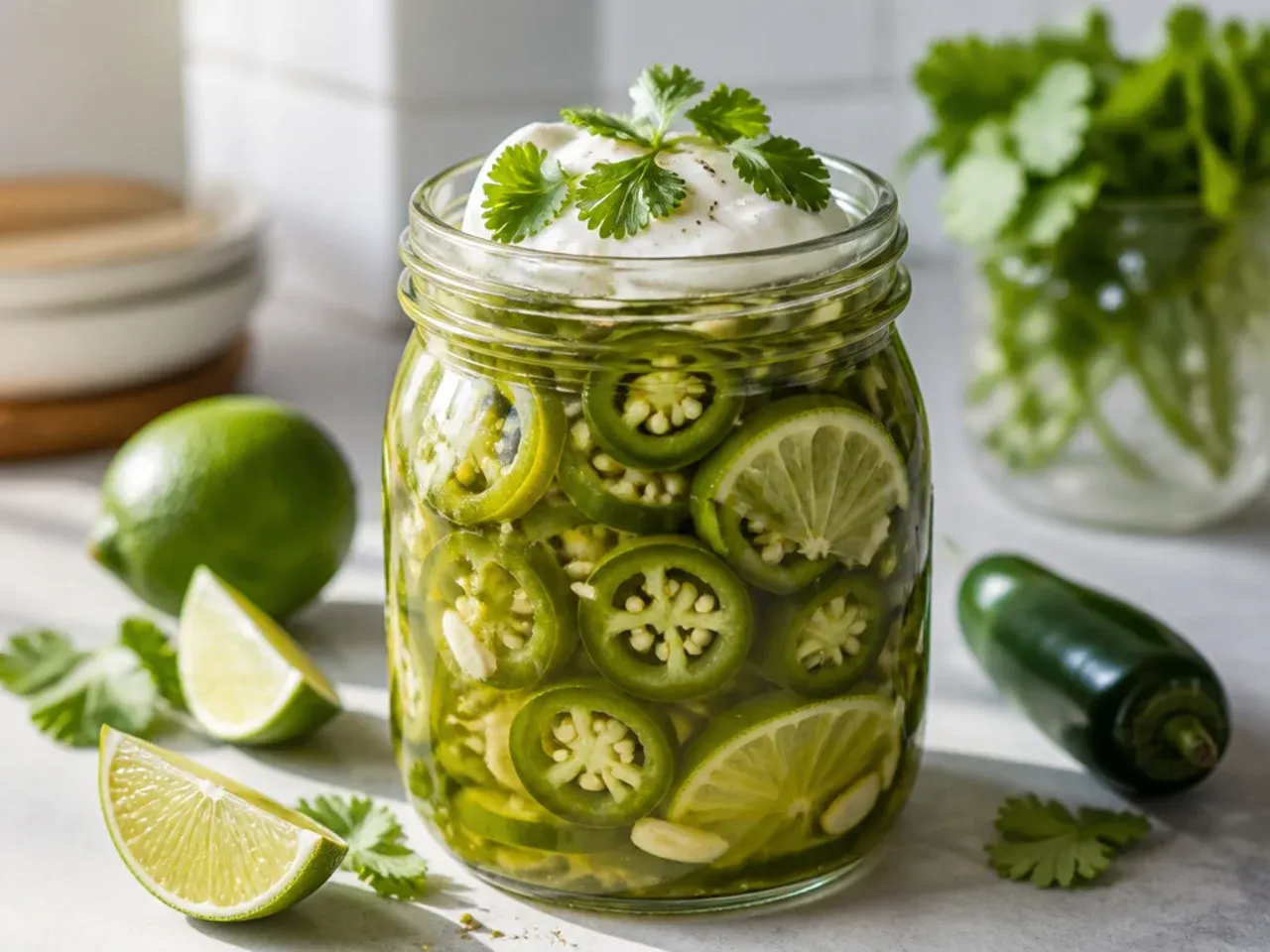 Zesty jalapeno and lime refrigerator pickles with sliced peppers