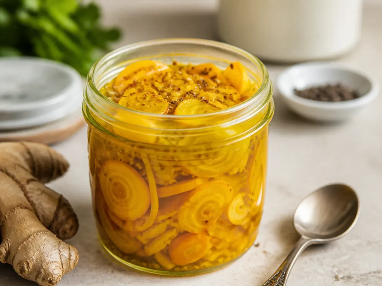 Golden turmeric and ginger refrigerator pickles in a glass jar