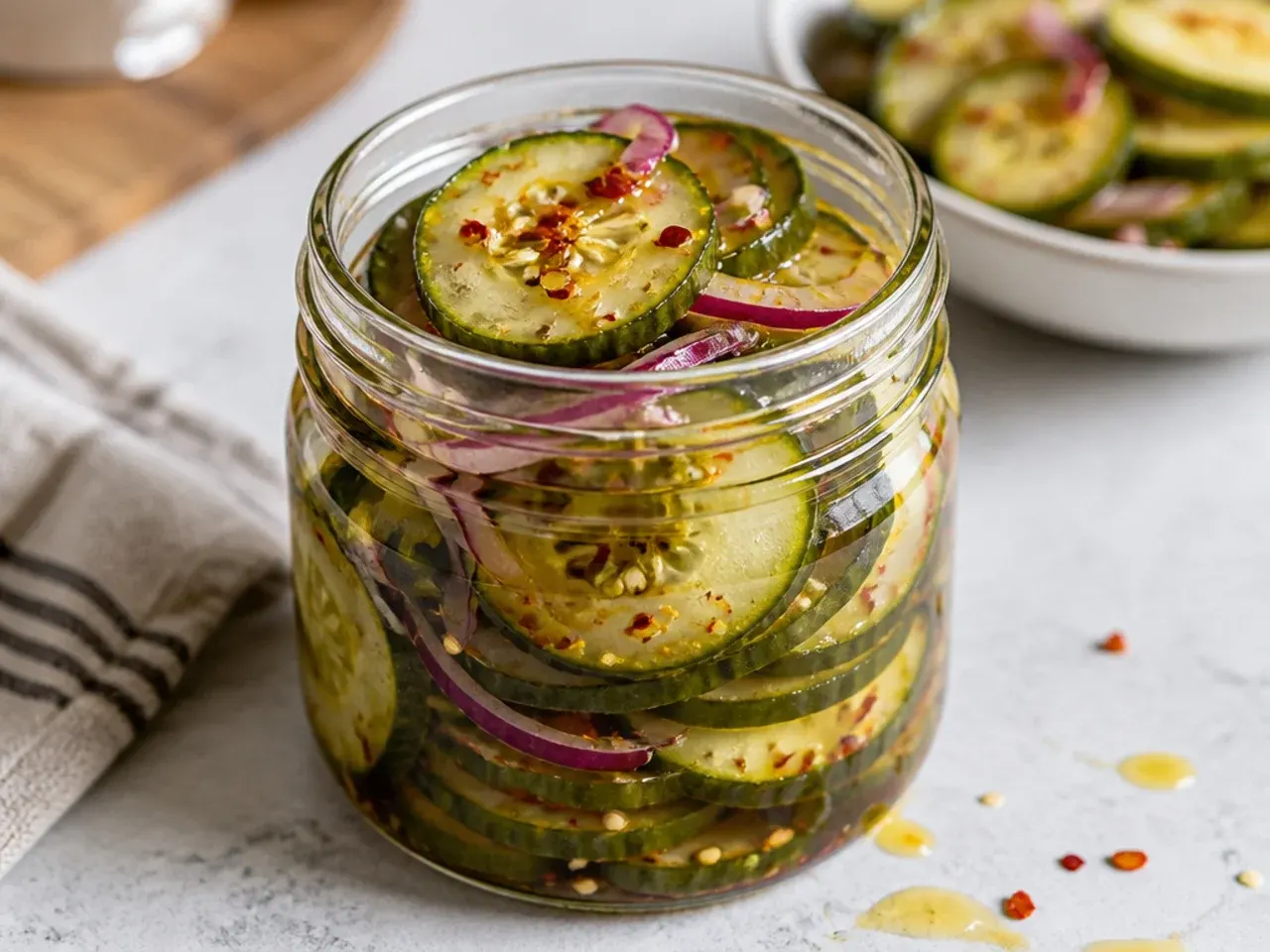 Sweet bread and butter style refrigerator pickles with sliced onion and mustard seed