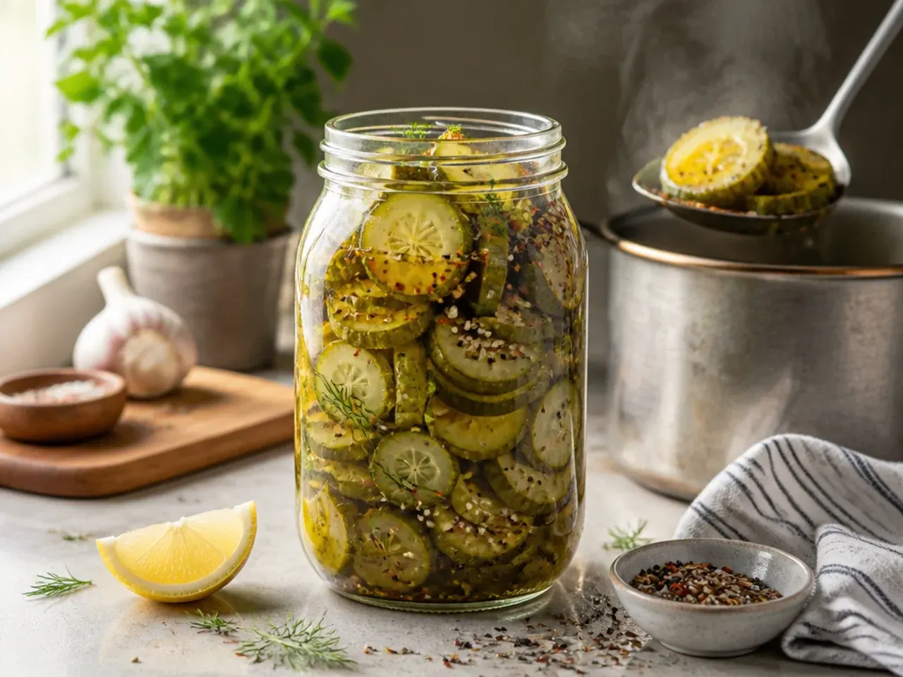 Everything bagel seasoned refrigerator pickles with visible seeds in the brine