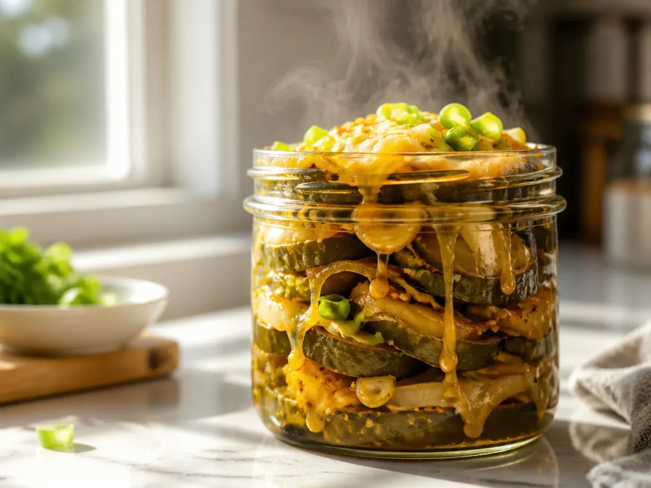 Large family-size batch of refrigerator pickles in multiple jars