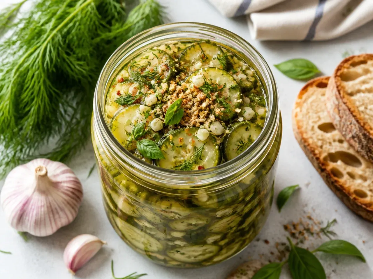 Close-up of an extra crunchy garlic dill pickle spear being bitten