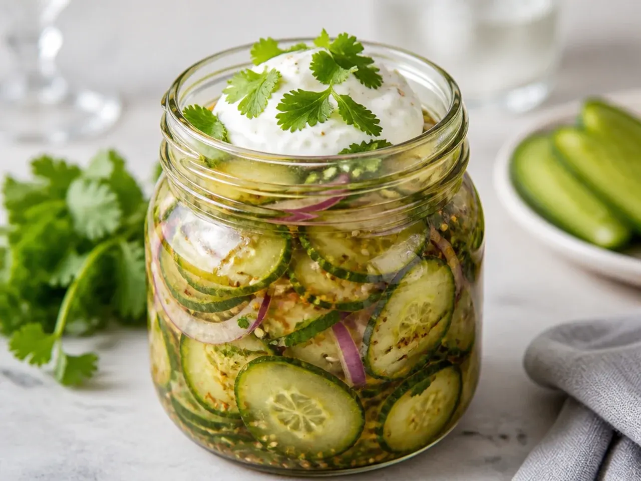 Quick one-hour refrigerator pickle rounds cooling on the counter