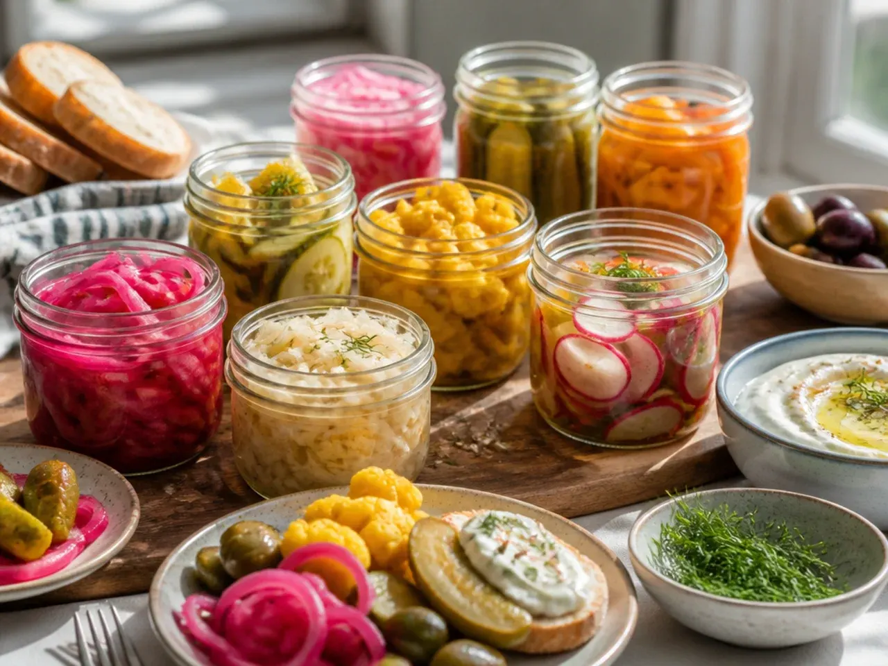 Refrigerator pickle spears served alongside a sandwich and burger