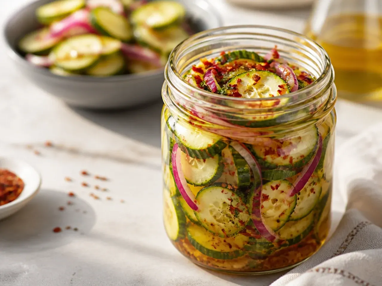 Sealed jars of refrigerator pickles stored upright in the fridge door