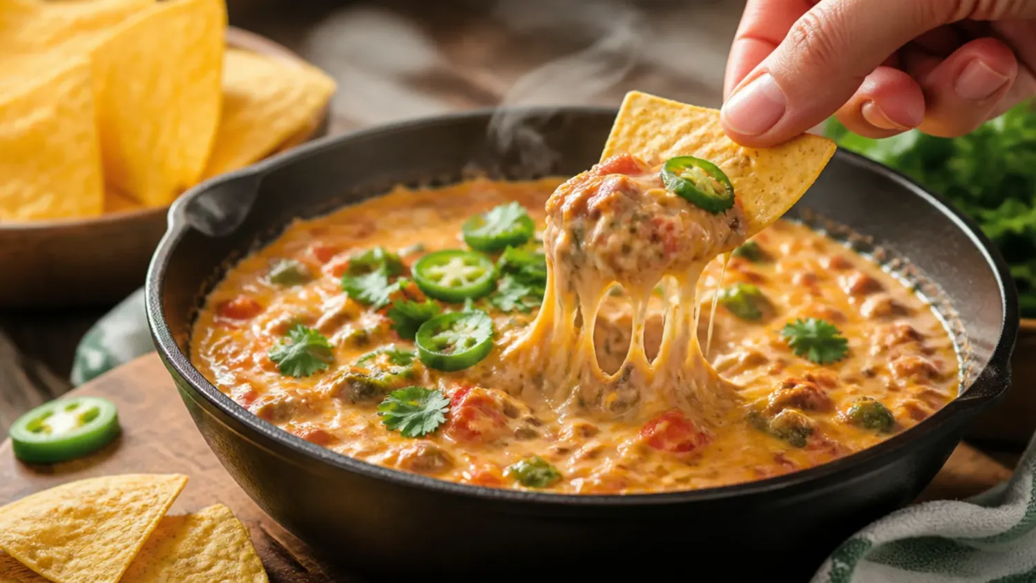 A bowl of melted cheesy rotel dip studded with tomatoes and green chillies, surrounded by tortilla chips for dipping