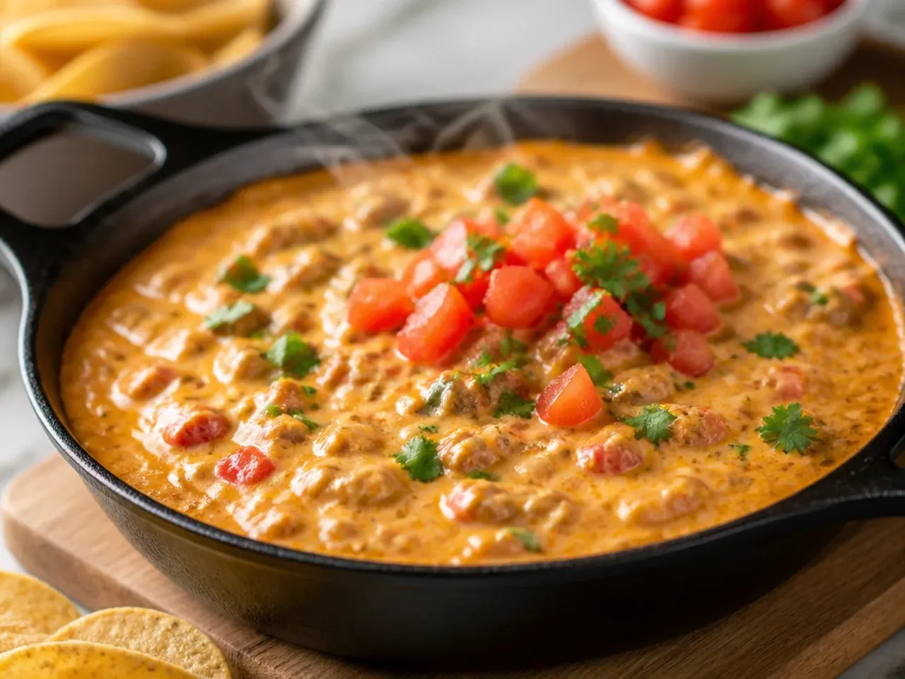 Overhead shot of ingredients for rotel dip laid out including a block of cheese, canned tomatoes and chillies, and a skillet